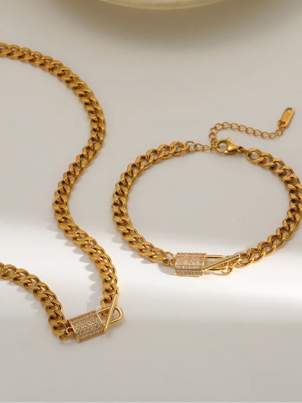 Cuban Link Chain Necklace & Bracelet Set Crystal Pave Lock Clasp Padlock Design